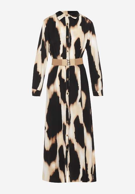 Beżowo-Czarna Koszulowa Sukienka w Panterkę Ozdobiona Paskiem Valentola 6