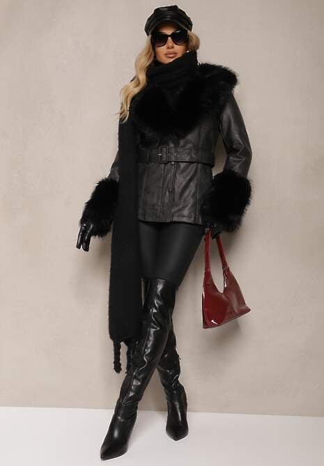 Czarna Ekoskórzana Kurtka Zdobiona Futerkowymi Obszyciami z Paskiem w Talii Etindra