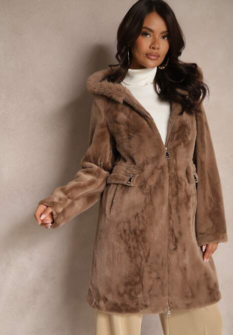 Brązowy Płaszcz Futerkowy o Prostym Kroju z Kapturem Zapinany na Suwak Hedilira 4