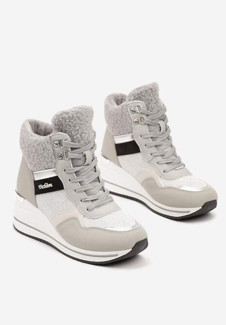 Szare Botki na Koturnie w Streetwearowym Stylu Ozdobione Futerkiem Arabelline 5