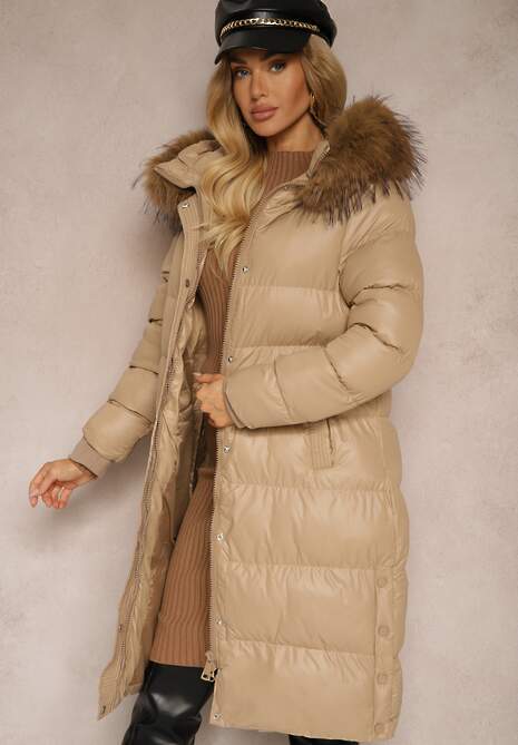 Beżowa Kurtka Pikowana o Długim Kroju z Kapturem Wiązana w Pasie z Odpinanym Futerkiem Phorira 4