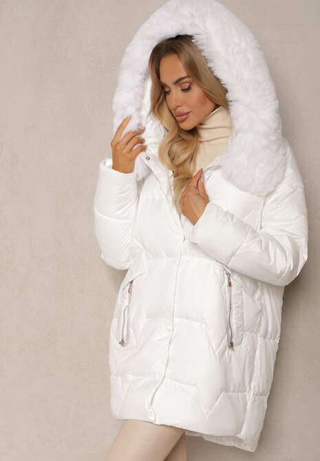 Biała Pudełkowa Kurtka Pikowana Ozdobiona Odpinanym Futerkiem i Suwakiem Hedizelle 5