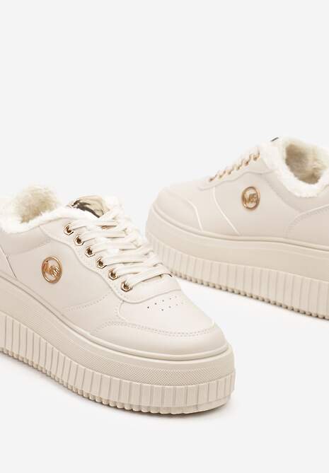 Beżowe Sneakersy na Platformie z Tłoczeniem Ozdobione Sznurowaniem i Metaliczną Aplikacją Tiliel 6