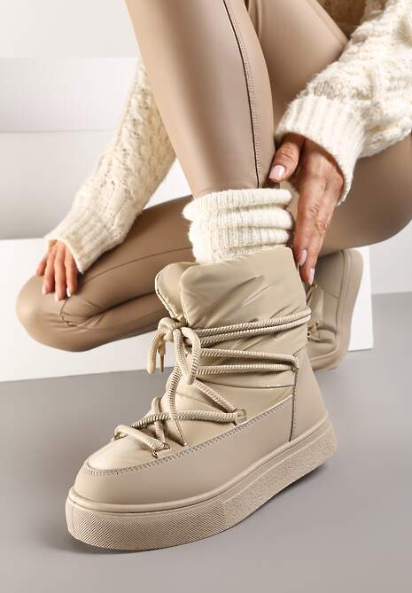 Ciemnobeżowe Śniegowce na Platformie ze Sznurowaniem Izatria