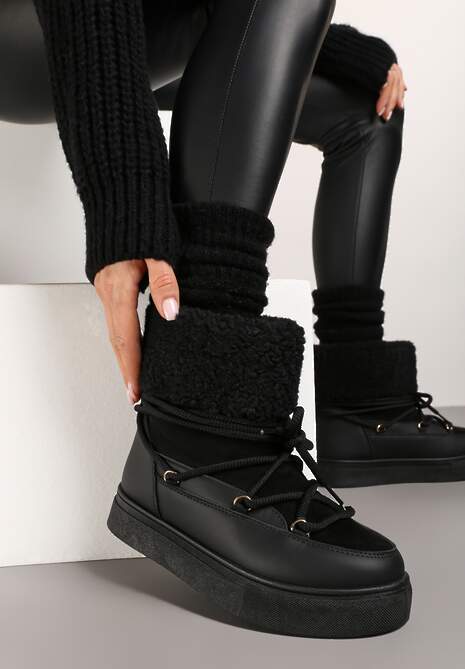 Czarne Śniegowce Futerkowe na Platformie ze Sznurowaną Cholewką Izalithia