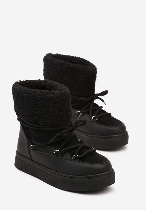 Czarne Śniegowce Futerkowe na Platformie ze Sznurowaną Cholewką Izalithia 5