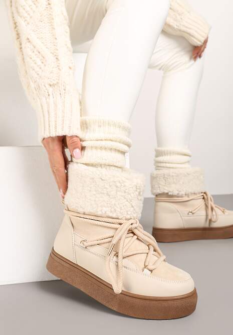 Beżowe Śniegowce Futerkowe na Platformie ze Sznurowaną Cholewką Izalithia