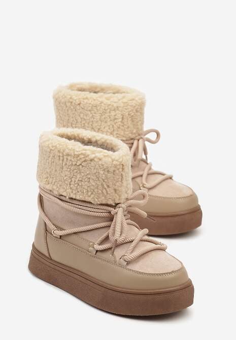 Ciemnobeżowe Śniegowce Futerkowe na Platformie ze Sznurowaną Cholewką Izalithia 5