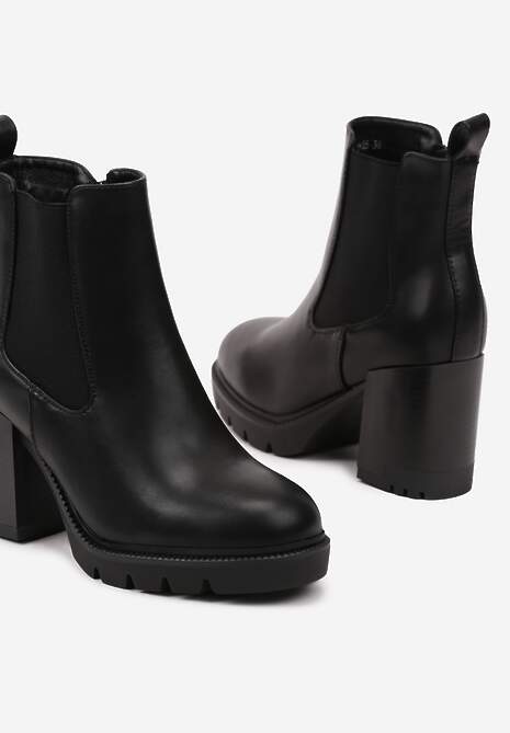 Czarne Botki Sztyblety na Słupku Ozdobione Elastyczną Wstawką Rearia 6