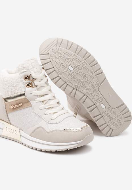Beżowe Sneakersy Zdobione Metaliczną Aplikacją Brokatem i Futrem Saliriel 6