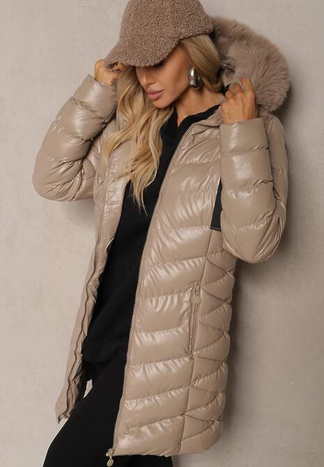Beżowa Kurtka Pikowana  o Długim Kroju Ozdobiona Sznurkami i Odpinanym Futerkiem Lorrina 4