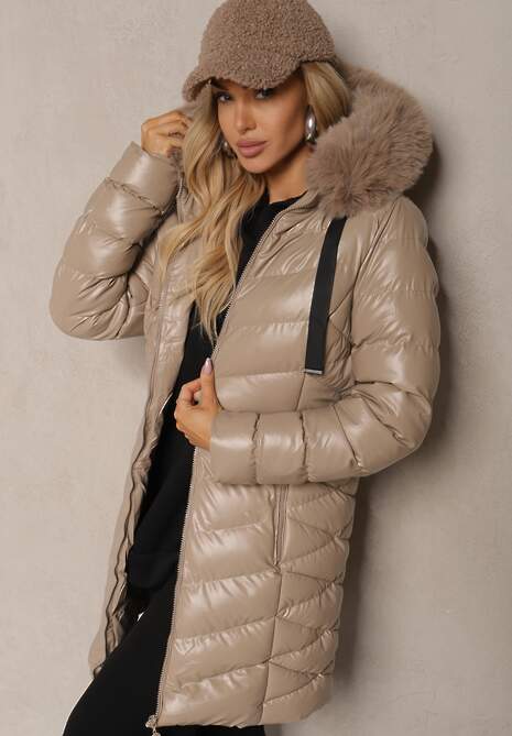 Beżowa Kurtka Pikowana  o Długim Kroju Ozdobiona Sznurkami i Odpinanym Futerkiem Lorrina 5