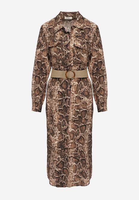 Brązowa Sukienka z Wiskozy o Koszulowym Kroju z Paskiem Zdobiona Wężowym Printem Norinna 6