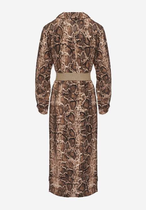 Brązowa Sukienka z Wiskozy o Koszulowym Kroju z Paskiem Zdobiona Wężowym Printem Norinna 7