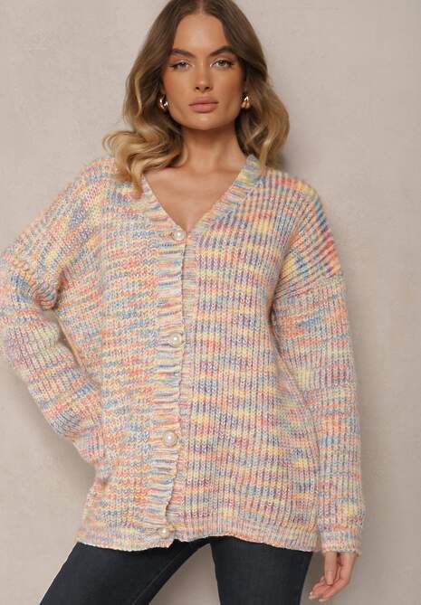 Pomarańczowo-Niebieski Kardigan z Dzianiny z Wiskozą Ozdobiony Eleganckimi Guzikami Tifilaine