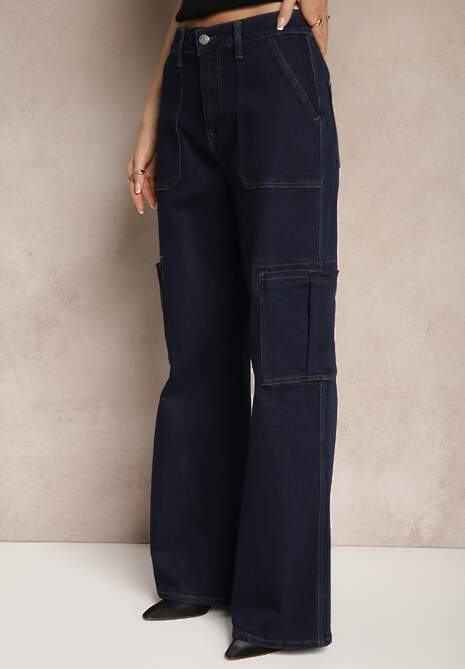 Granatowe Jeansy z Bawełną o Szerokim Kroju High Waist z Kieszeniami Cargo Phirinna 4