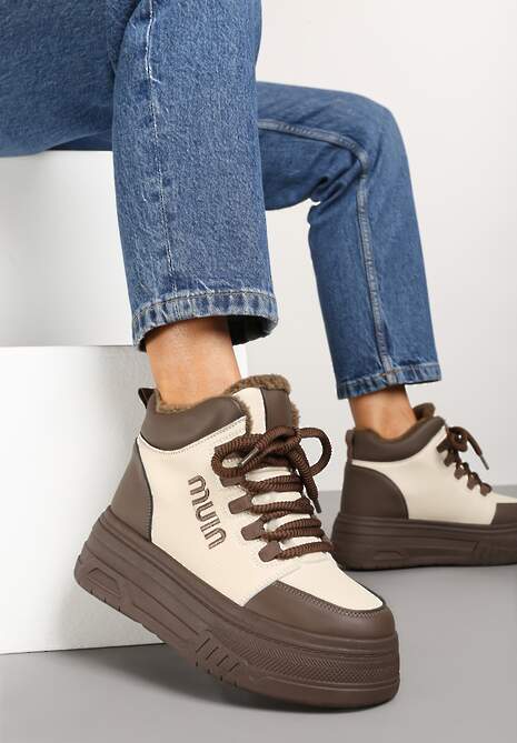 Beżowo-Brązowe Sneakersy na Grubej Podeszwie Mocno Ocieplane Futrem Leavinael