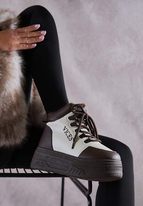 Beżowo-Brązowe Sneakersy na Grubej Podeszwie Mocno Ocieplane Futrem Leavinael