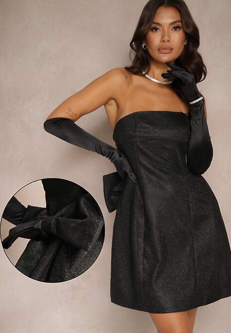 Czarna Koktajlowa Sukienka Bez Ramiączek Taliowana z Brokatem i Kokardą Salindria