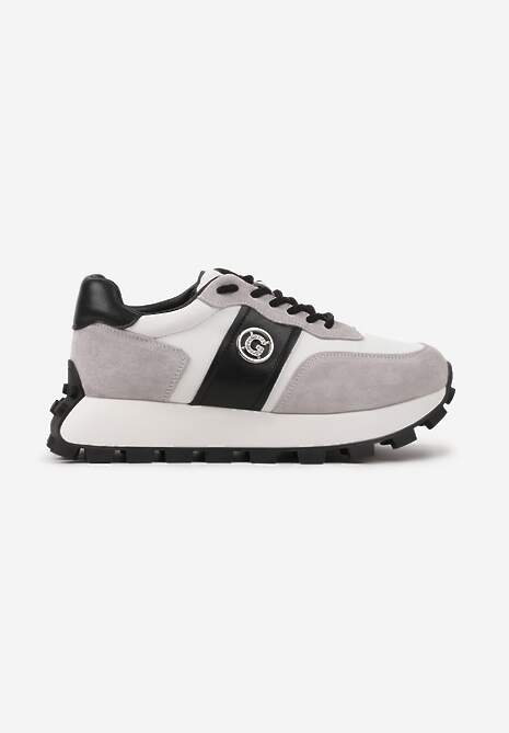 Szaro-Czarne Sneakersy na Platformie ze Skóry Naturalnej Ozdobione Metaliczną Aplikacją Realith 4