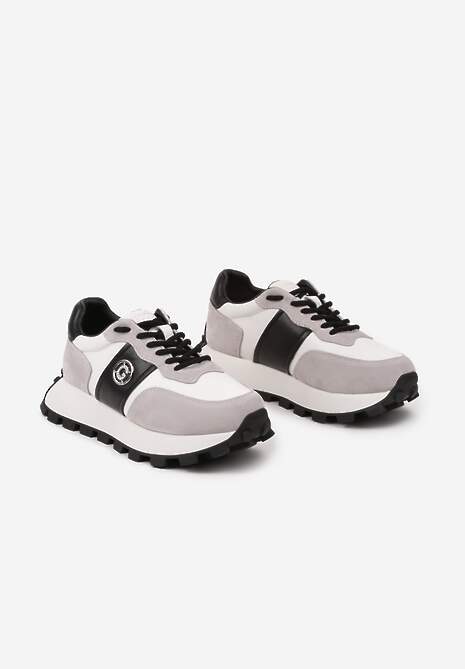 Szaro-Czarne Sneakersy na Platformie ze Skóry Naturalnej Ozdobione Metaliczną Aplikacją Realith 5