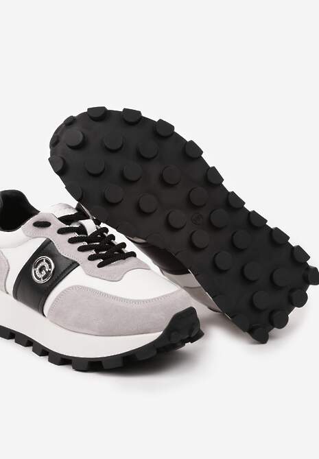 Szaro-Czarne Sneakersy na Platformie ze Skóry Naturalnej Ozdobione Metaliczną Aplikacją Realith 6