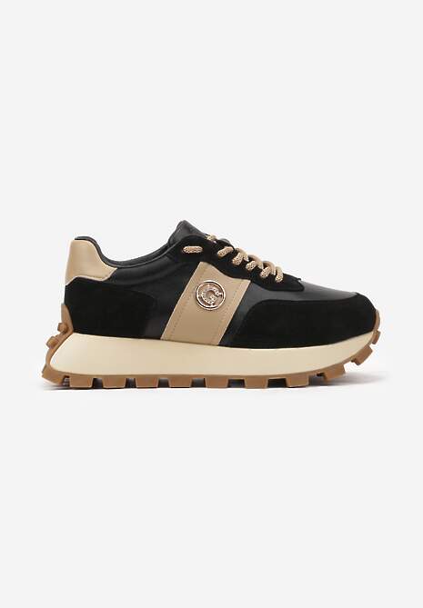 Czarno-Beżowe Sneakersy na Platformie ze Skóry Naturalnej Ozdobione Metaliczną Aplikacją Realith 4