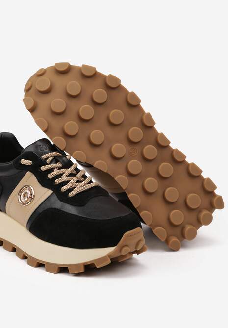 Czarno-Beżowe Sneakersy na Platformie ze Skóry Naturalnej Ozdobione Metaliczną Aplikacją Realith 6