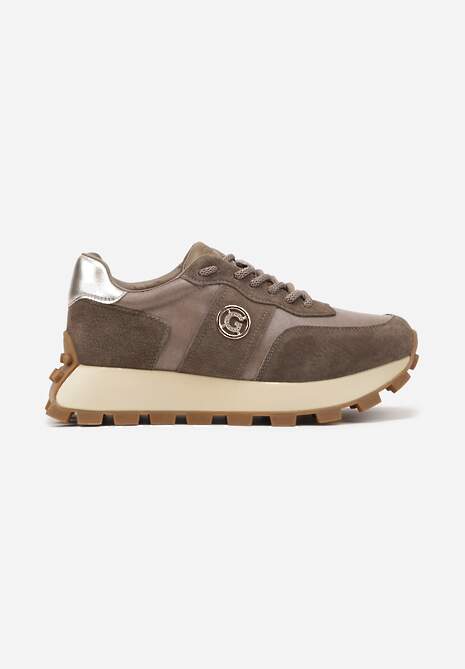 Ciemnobeżowe Sneakersy na Platformie ze Skóry Naturalnej Ozdobione Metaliczną Aplikacją Realith 4