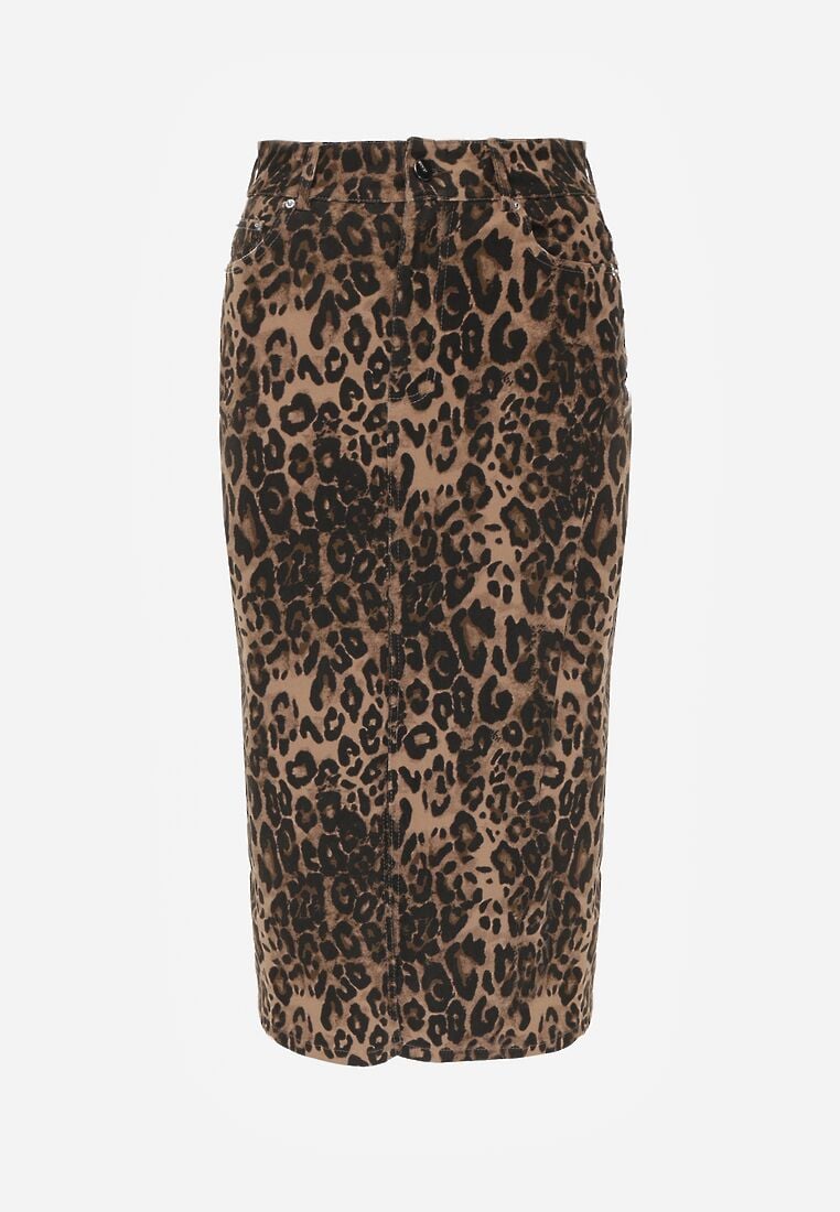 Brązowa Bawełniana Spódnica w Panterkę High Waist z Rozcięciem z Przodu Harilie 6