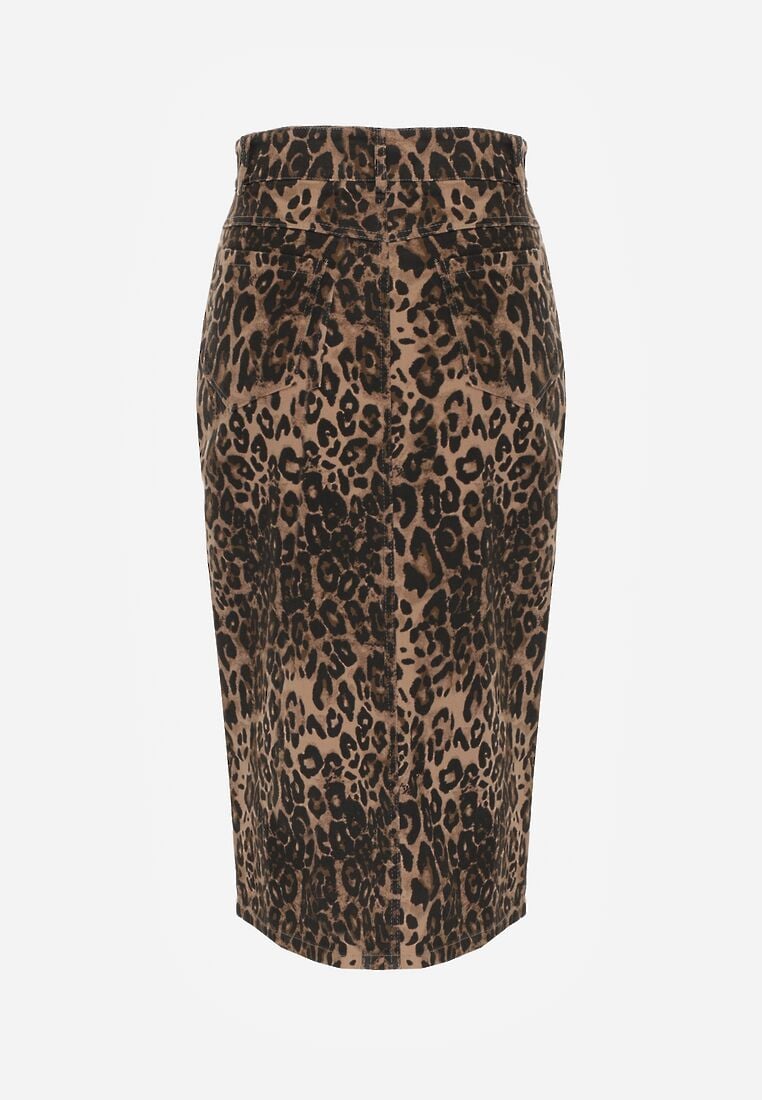 Brązowa Bawełniana Spódnica w Panterkę High Waist z Rozcięciem z Przodu Harilie 7