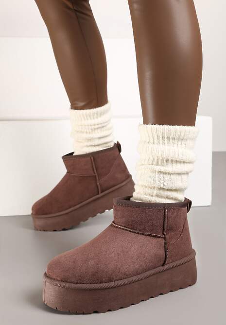 Brązowe Śniegowce z Imitacji Zamszu na Platformie z Niską Cholewką Reanirae 4