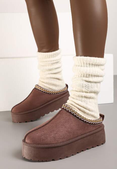 Brązowe Śniegowce na Platformie Ozdobione Haftem i Niską Cholewką Reanessa 4