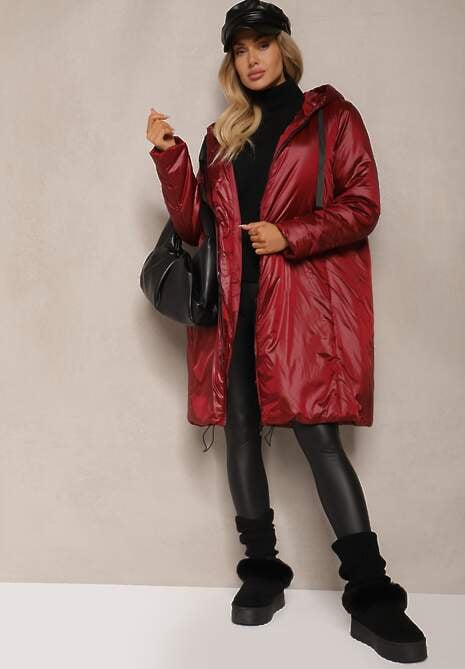 Bordowa Długa Kurtka o Prostym Kroju z Kapturem Ściągaczami i Kieszeniami Salenith 4
