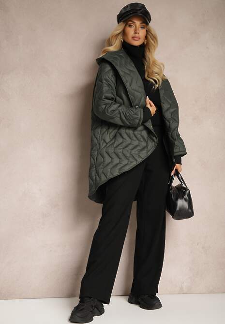 Ciemnozielona Pikowana Kurtka z Wycięciem i Dłuższym Dołem o Prostym Kroju z Paskiem Salireth 4