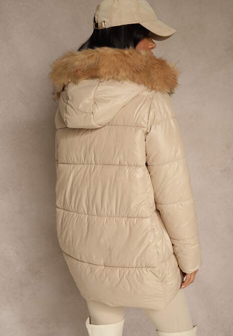 Beżowa Trapezowa Kurtka z Pikowanymi Przeszyciami i Kapturem z Odpinanym Futrem Deoiala 4