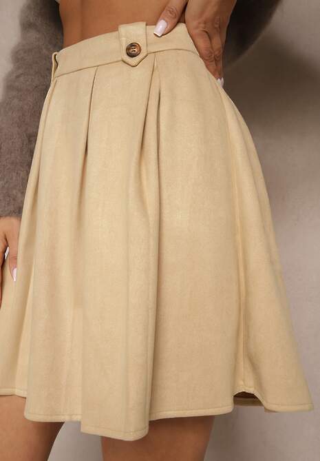 Beżowa Rozkloszowana Spódnica z Ekozamszu z Plisami w Stylu Preppy Sealia 5