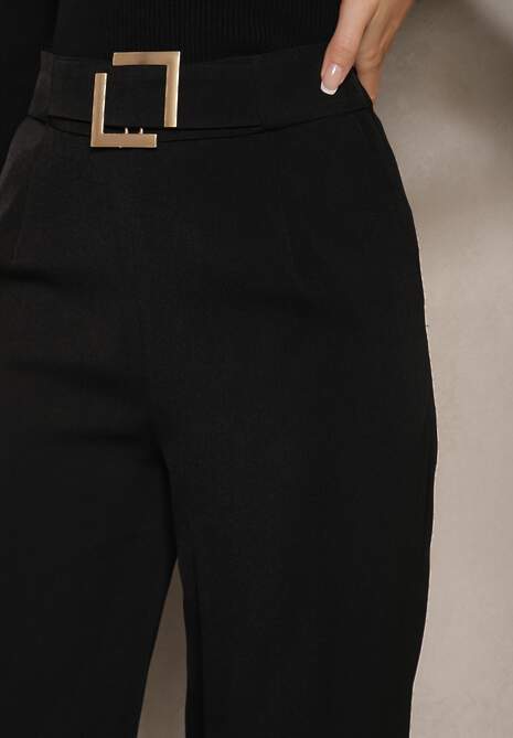 Czarne Szerokie Spodnie Garniturowe z Wiskozą High Waist z Paskiem z Klamrą Enarela 5