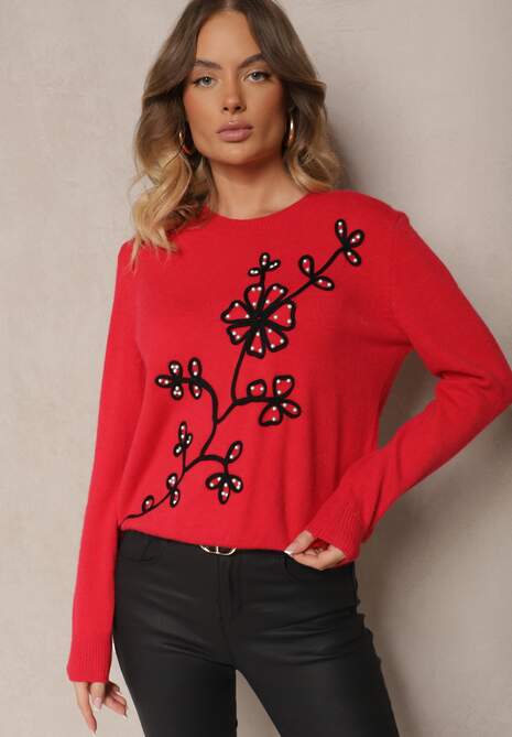 Czerwony Sweter z Dodatkiem Angory i Kwiecistym Haftem z Perłami Tinnavira 4