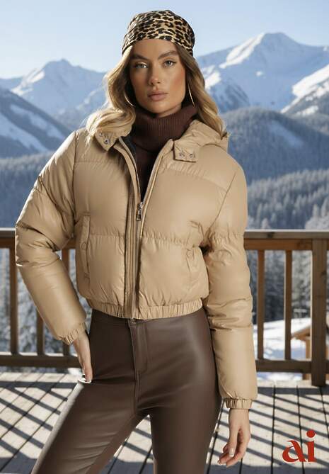 Ciemnobeżowa Pikowana Kurtka z Nieodpinanym Kapturem o Krótkim Kroju Tinneira