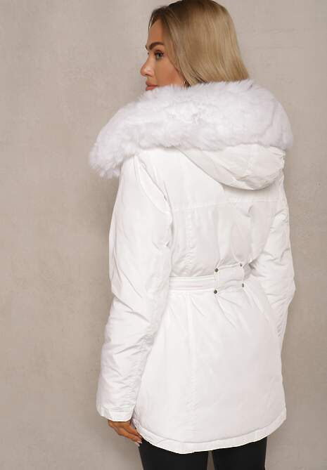 Biała Kurtka Wiązana w Pasie z Kapturem i Odpinanym Futerkiem Tintethia 4