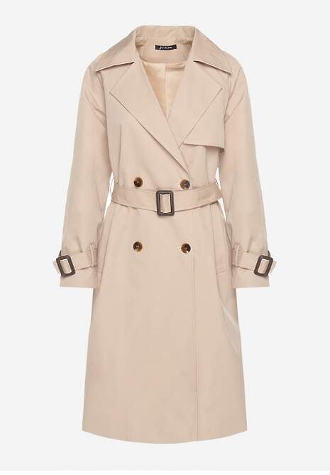Beżowy Dwurzędowy Płaszcz Trencz z Paskiem Ninnolia 6