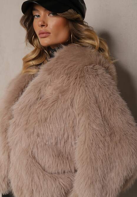 Ciemnobeżowa Kurtka Futerko w Eleganckim Stylu Vortilae 5