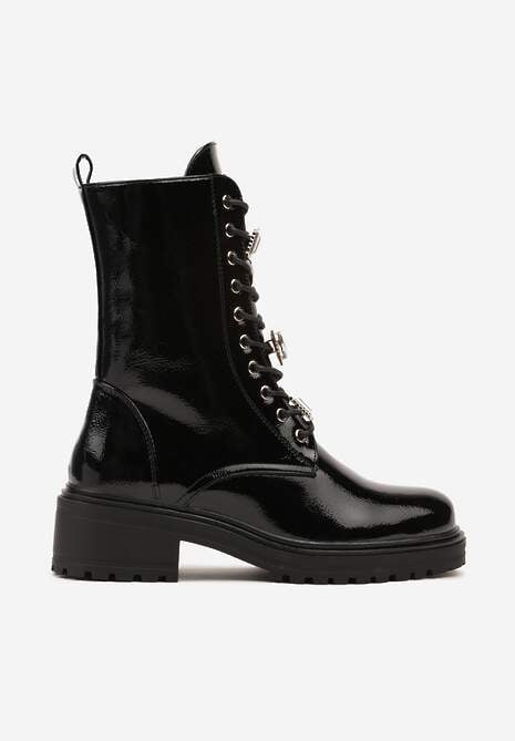 Czarne Płaskie Sznurowane Botki Workery Ozdobione Cyrkoniami Niathria 4