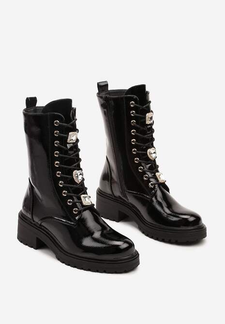 Czarne Płaskie Sznurowane Botki Workery Ozdobione Cyrkoniami Niathria 5