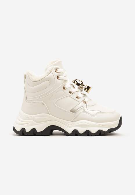 Beżowe Sznurowane Sneakersy na Płaskiej Podeszwie za Kostkę z Aplikacjami Misiów Temisza 4