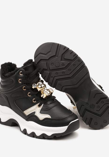 Czarne Sznurowane Sneakersy na Płaskiej Podeszwie za Kostkę z Aplikacjami Misiów Temisza 6