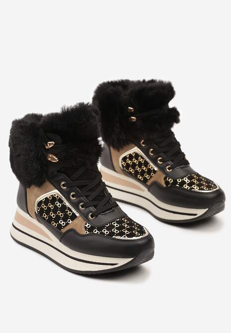 Czarne Sneakersy na Platformie z Metalicznymi Wstawkami i Futerkiem Miavora 5