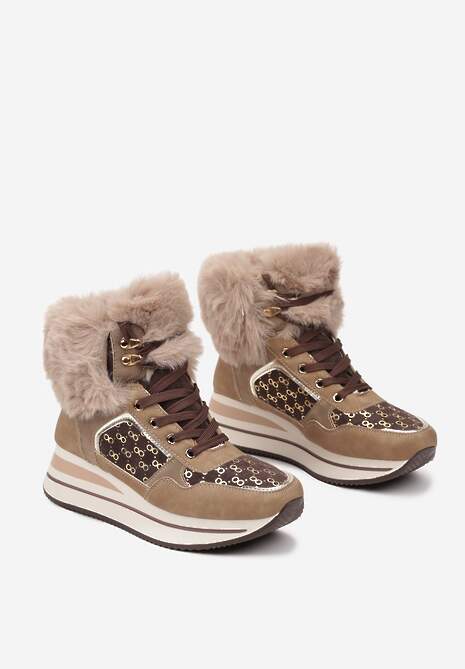 Brązowe Sneakersy na Platformie z Metalicznymi Wstawkami i Futerkiem Miavora 5