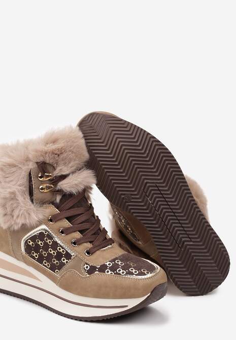 Brązowe Sneakersy na Platformie z Metalicznymi Wstawkami i Futerkiem Miavora 6
